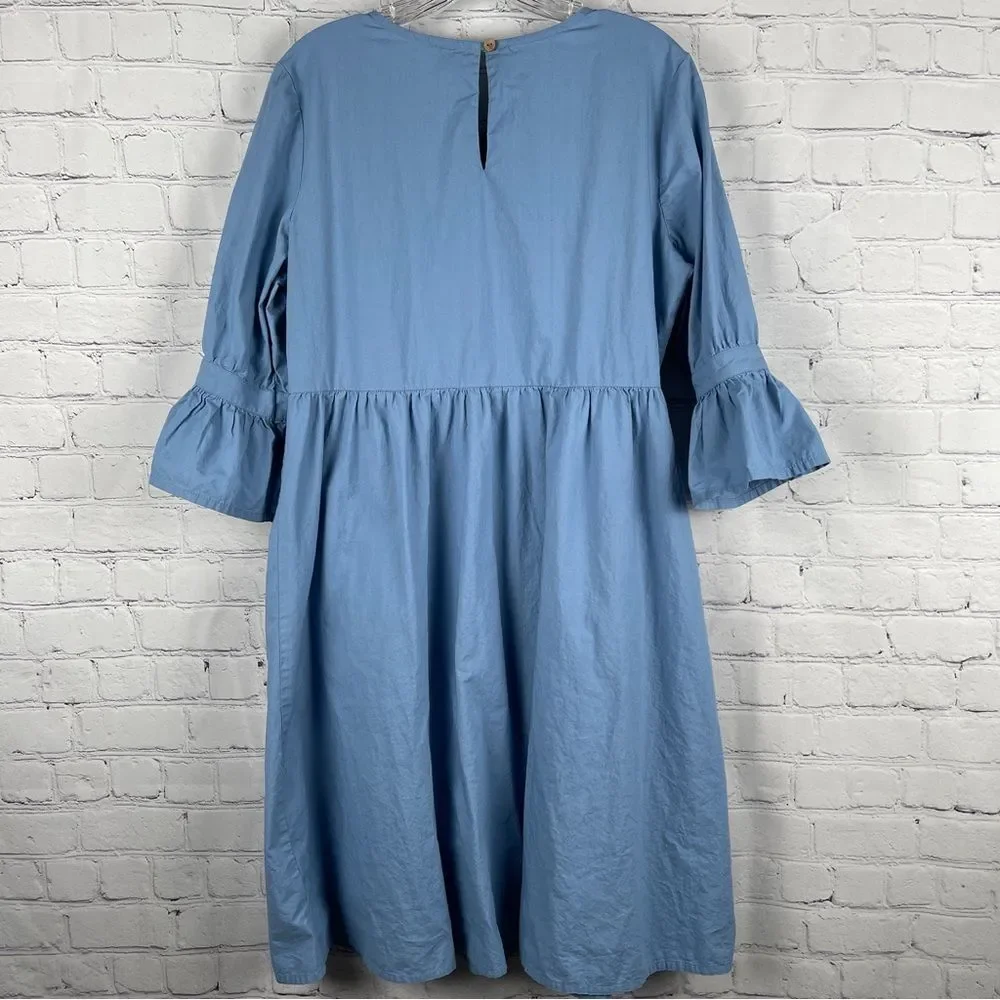 MYX Fusionwear blue boho embroidered cotton dress bell sleeves pockets, size L - Picture 2 of 14